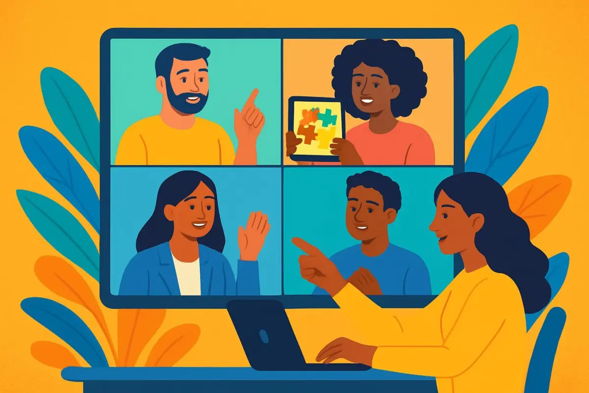 Illustration of a digital team-building exercise using virtual tools, diverse participants, vibrant setting