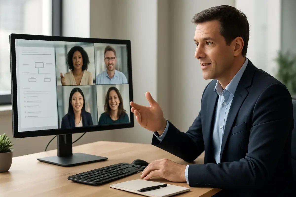 Image of a manager leading a virtual team meeting with collaboration tools, professional setting, natural light