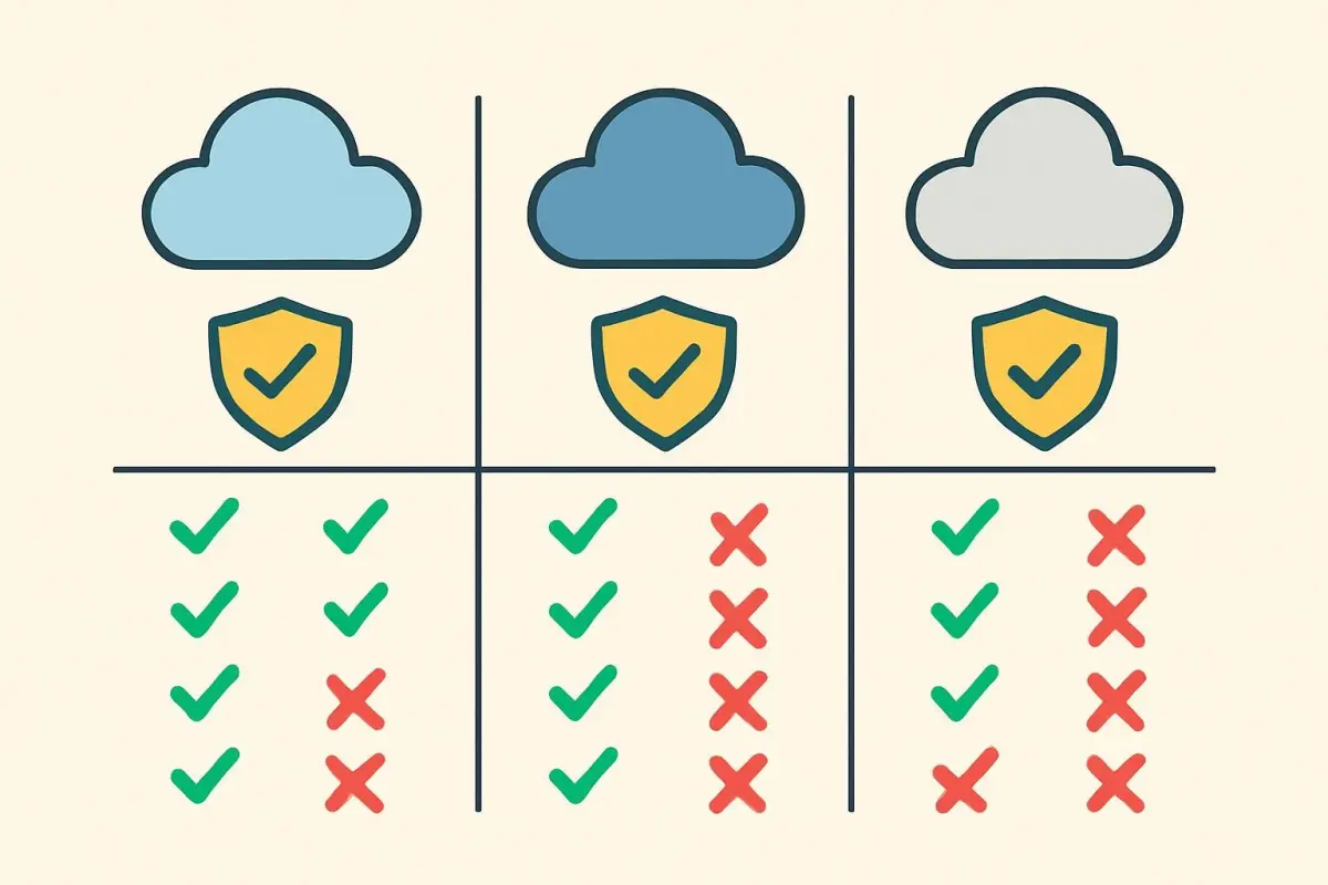 Illustration of a comparison chart showing different cloud hosting platforms, with pros and cons listed