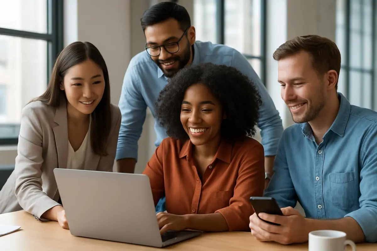 Image of office workers collaborating through a chat platform, diverse group, natural light