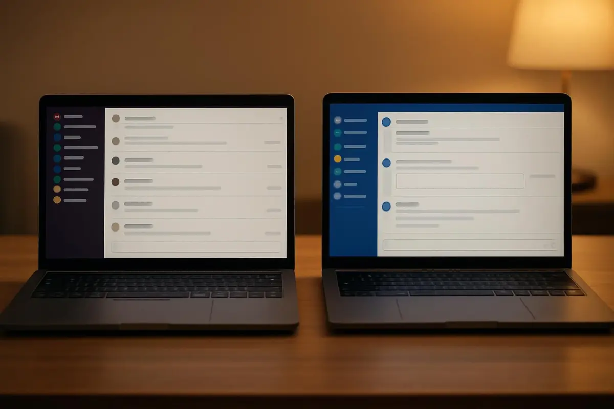 Side-by-side comparison of Slack and Microsoft Teams interfaces on laptops, warm ambient lighting