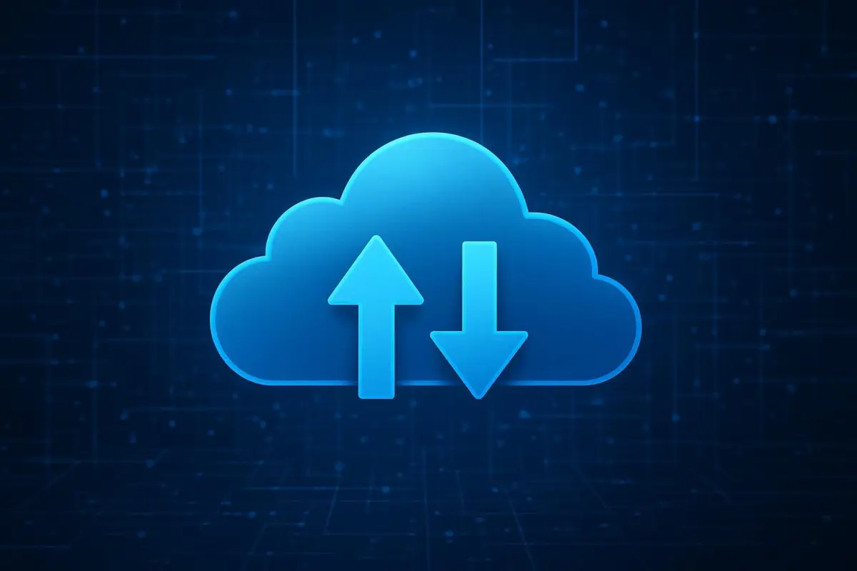 Illustration of a cloud storage icon with arrows indicating data upload and download, on a digital background
