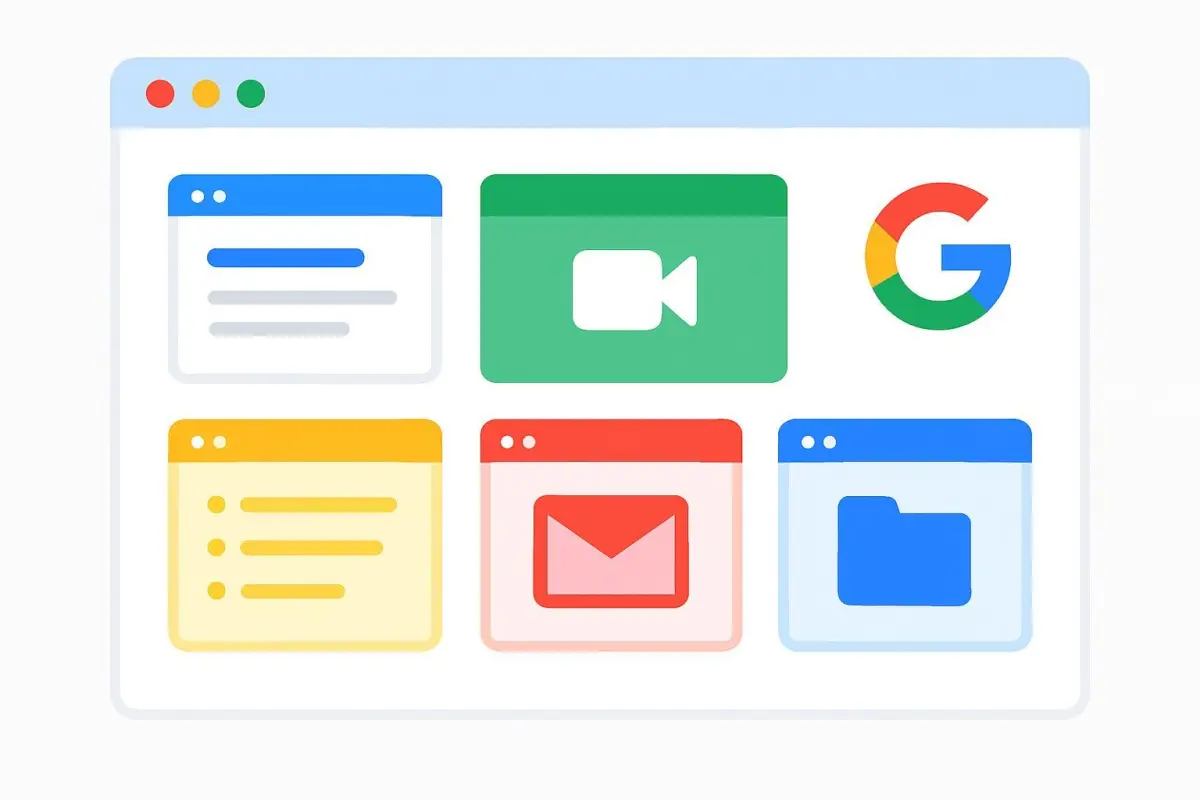 Illustration of Google Workspace dashboard with various collaboration apps open, bright and colorful design