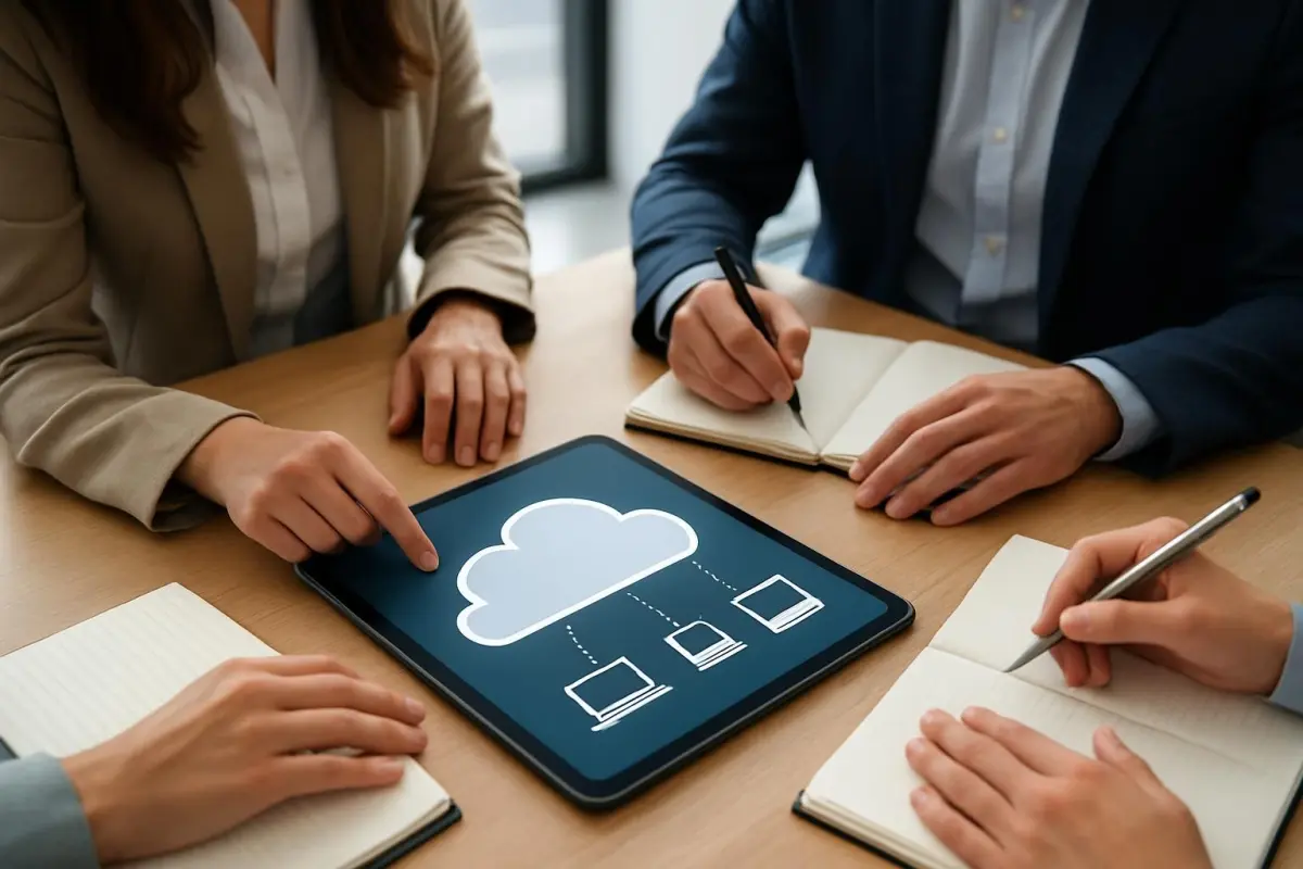 Image of a collaborative work session with cloud-sharing features on a tablet, professional setting