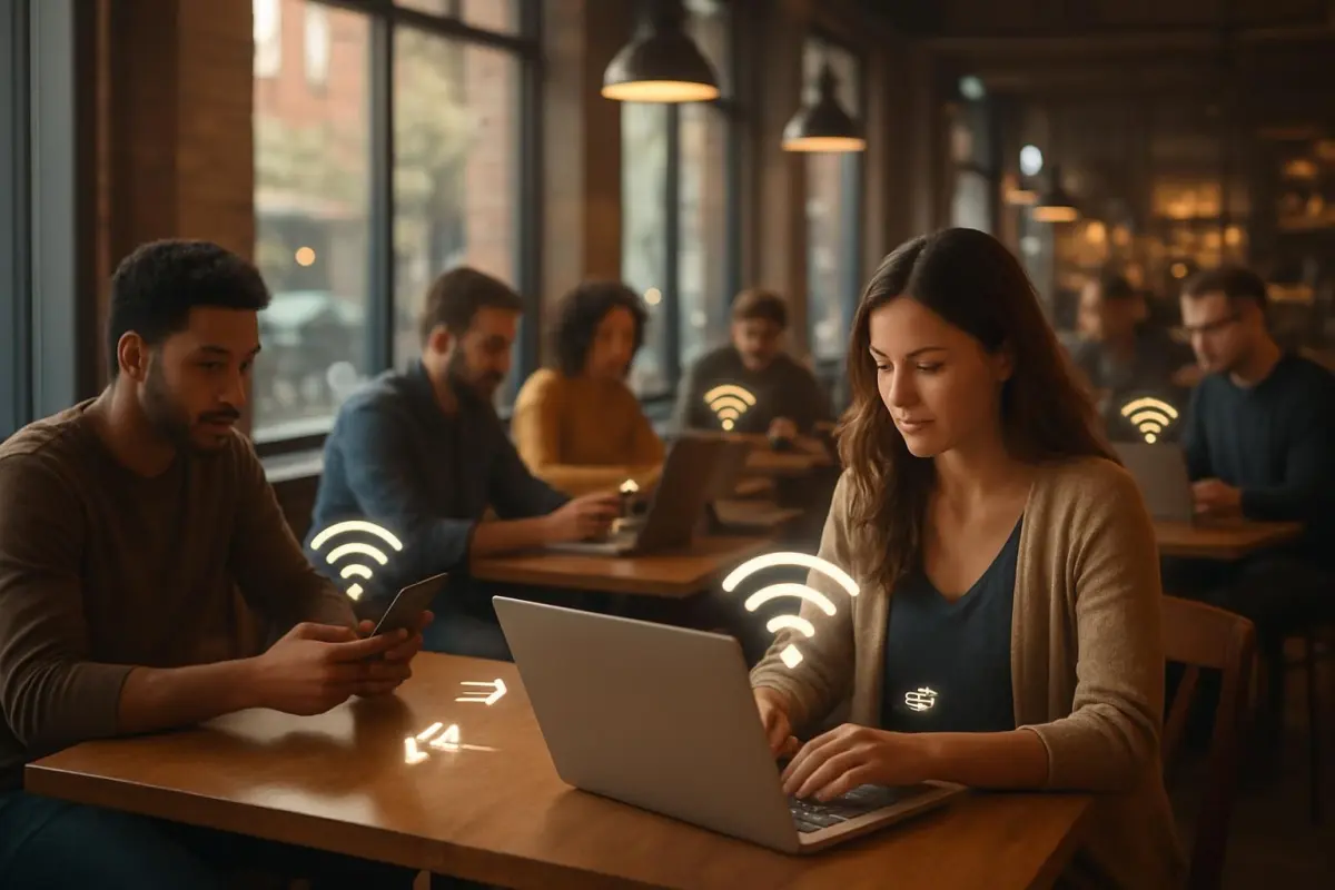 Drukke café met mensen en datastroom iconen