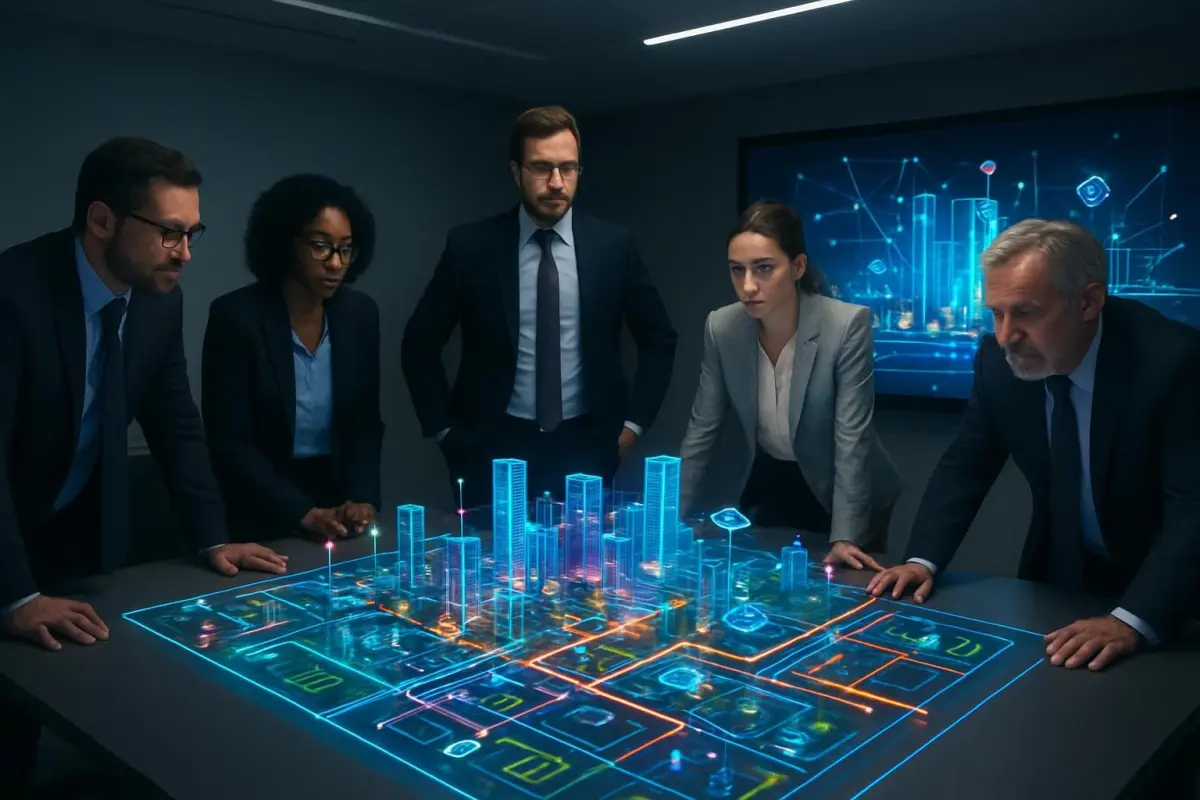 Professionals analyseren een 3D-model van een slimme stad.
