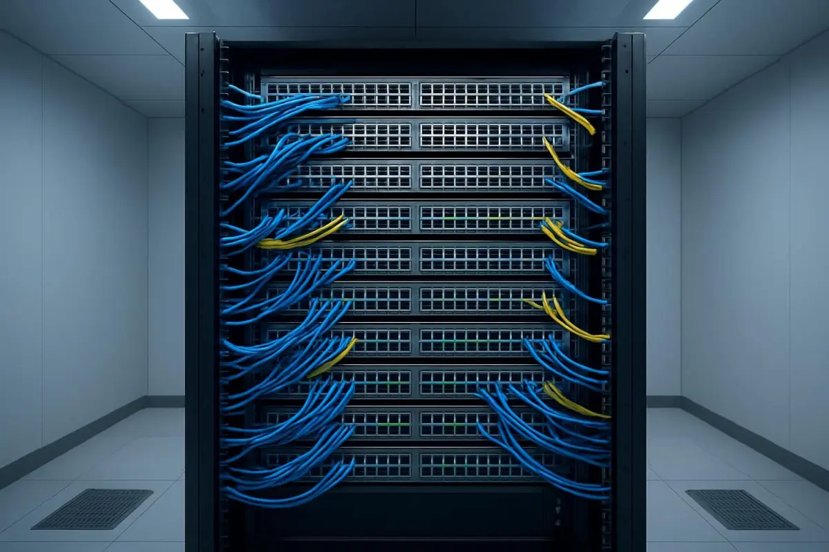 Overzicht van een moderne serverruimte met netwerkswitches.