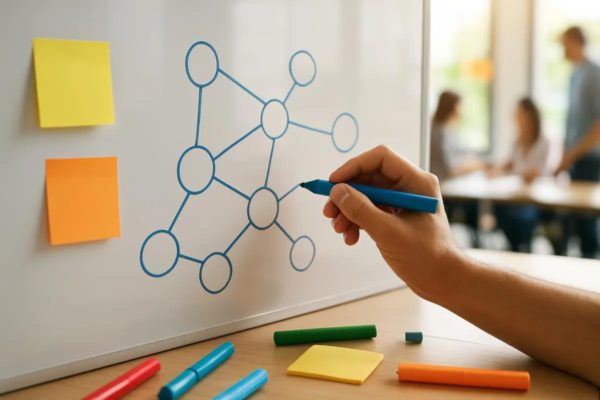 Iemand schetst een netwerkdiagram op een whiteboard.