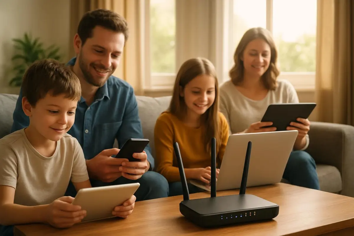Gezin gebruikt apparaten verbonden met internet