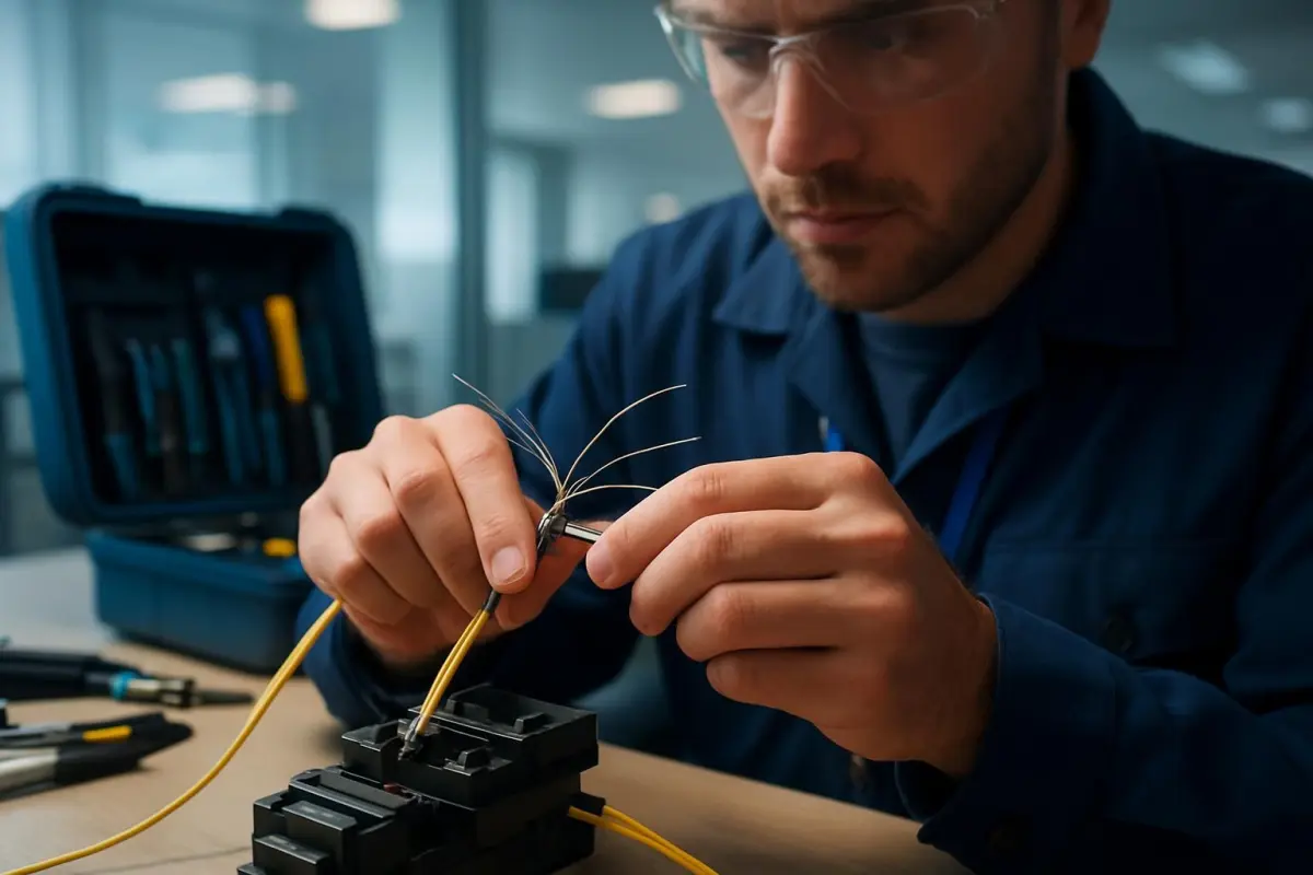 Technicus installeert een glasvezelkabel