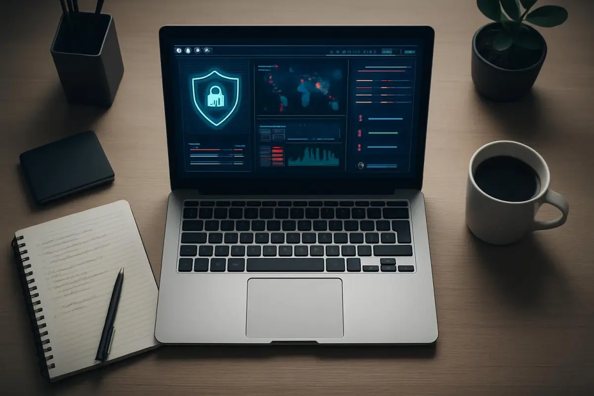 Overzicht van een laptop met een beveiligingsdashboard