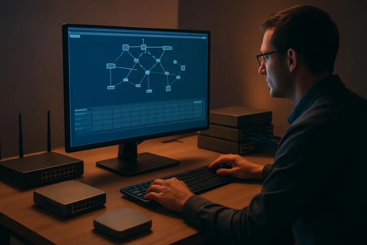 Ingenieur configureert netwerkinstellingen op computer