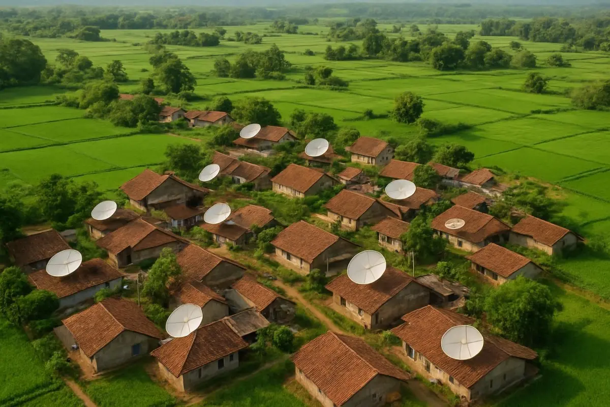 Dorp met satellietschotels op daken