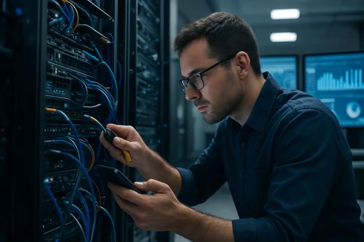 Netwerk engineer aan het werk bij een server