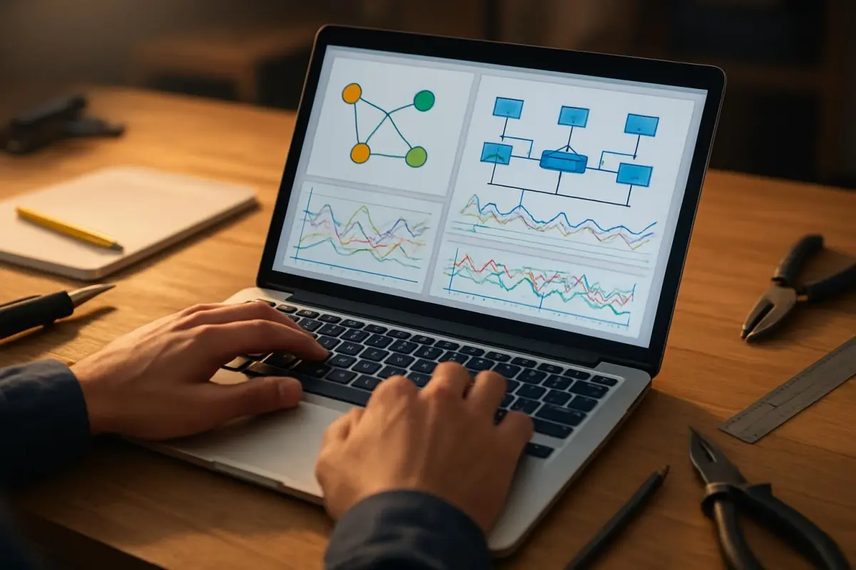 Ingenieur vergelijkt netwerken op de laptop.