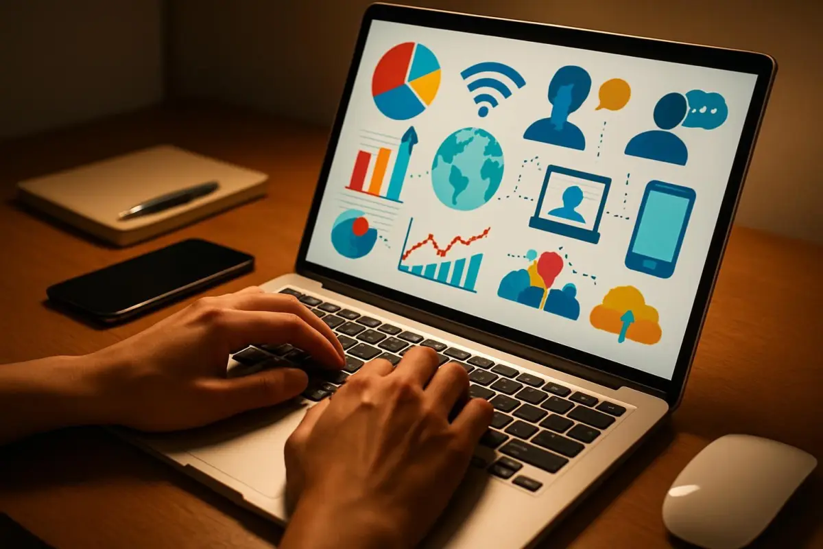 Close-up of hands typing on a laptop surrounded by digital gadgets and notes, illuminated by soft desk lighting. The foc