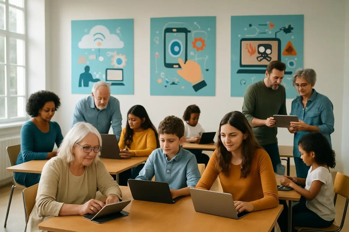 Wide shot of a community workshop in a bright room where participants of all ages are engaging with interactive digital