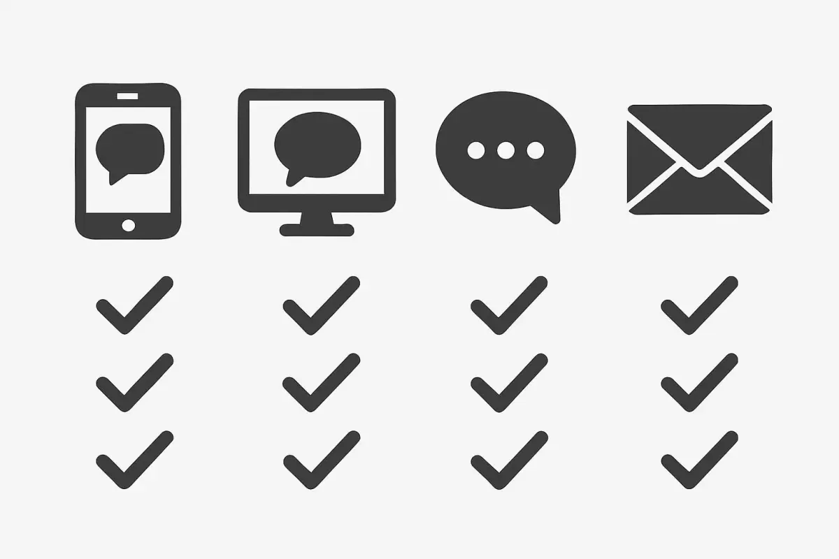Comparison chart of communication tools with icons and features listed, sleek and modern design