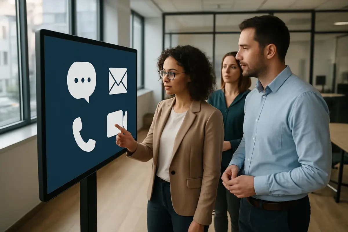 Image of office staff selecting digital communication tools from a digital interface, contemporary office, natural light